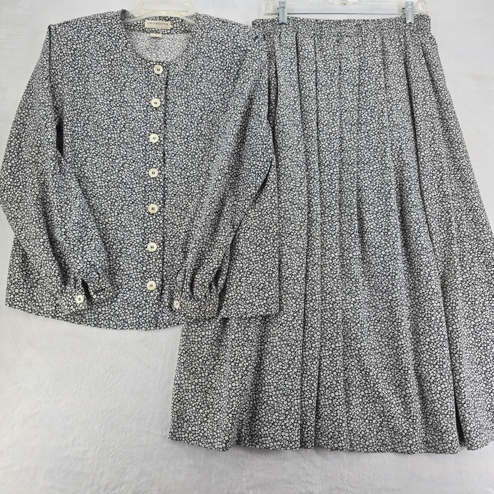 Liz Claiborne Skirt‎ Suit Womens 8/M 2 Piece Set Black Floral Button Top Maxi